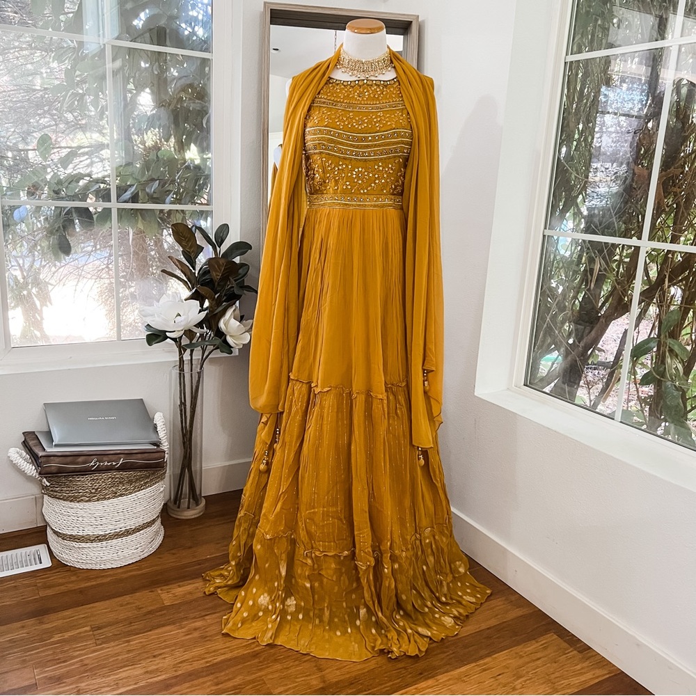 Indian Pakistani Heavy Long Dress / Gown with pants and dupatta